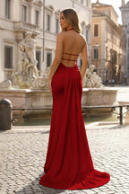 Lemon Satin Mermaid Evening Dress with Halter Neckline and Slit