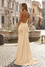 Lemon Satin Mermaid Evening Dress with Halter Neckline and Slit