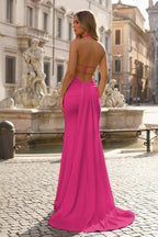 Lemon Satin Mermaid Evening Dress with Halter Neckline and Slit