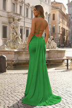 Lemon Satin Mermaid Evening Dress with Halter Neckline and Slit
