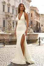 Lemon Satin Mermaid Evening Dress with Halter Neckline and Slit