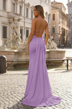 Lemon Satin Mermaid Evening Dress with Halter Neckline and Slit