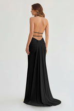 Lemon Satin Mermaid Evening Dress with Halter Neckline and Slit
