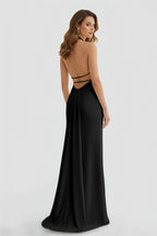 Lemon Satin Mermaid Evening Dress with Halter Neckline and Slit