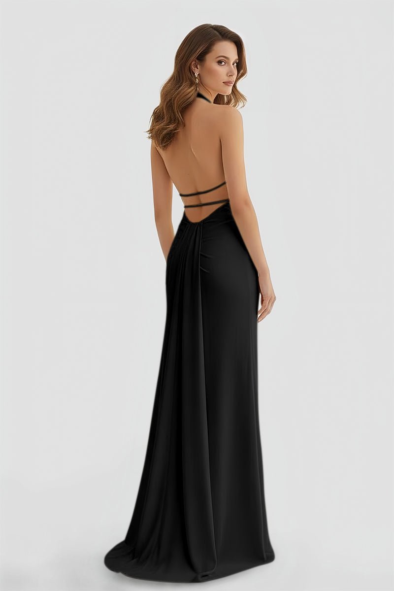 Lemon Satin Mermaid Evening Dress with Halter Neckline and Slit