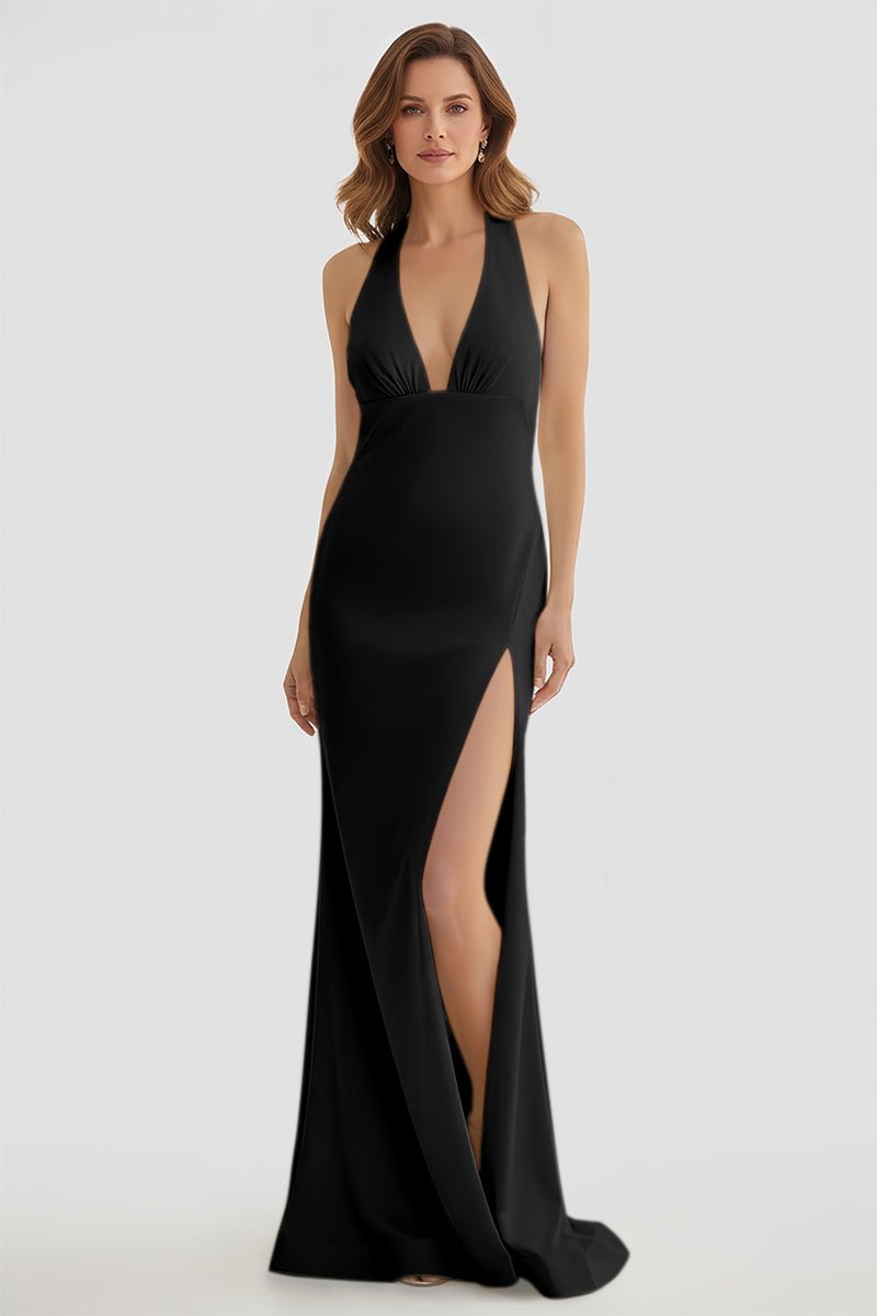 Lemon Satin Mermaid Evening Dress with Halter Neckline and Slit