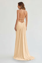 Lemon Satin Mermaid Evening Dress with Halter Neckline and Slit