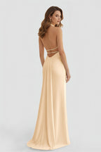 Lemon Satin Mermaid Evening Dress with Halter Neckline and Slit