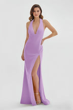 Lemon Satin Mermaid Evening Dress with Halter Neckline and Slit