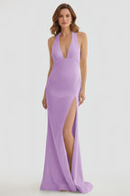 Lemon Satin Mermaid Evening Dress with Halter Neckline and Slit