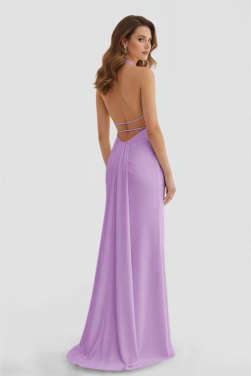 Lemon Satin Mermaid Evening Dress with Halter Neckline and Slit