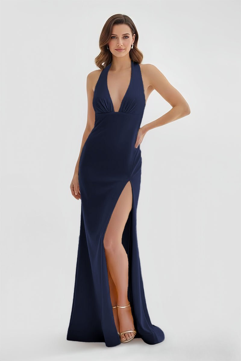 Lemon Satin Mermaid Evening Dress with Halter Neckline and Slit