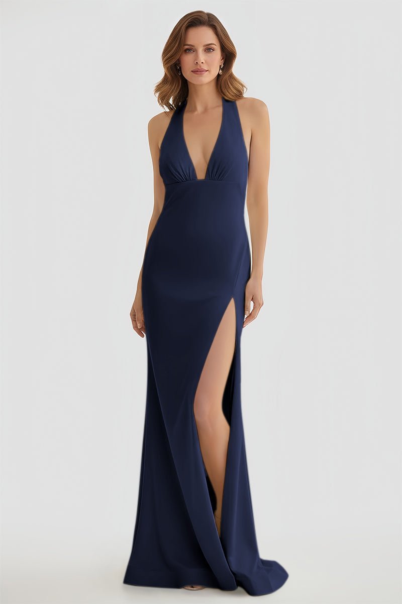 Lemon Satin Mermaid Evening Dress with Halter Neckline and Slit