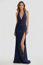 Lemon Satin Mermaid Evening Dress with Halter Neckline and Slit