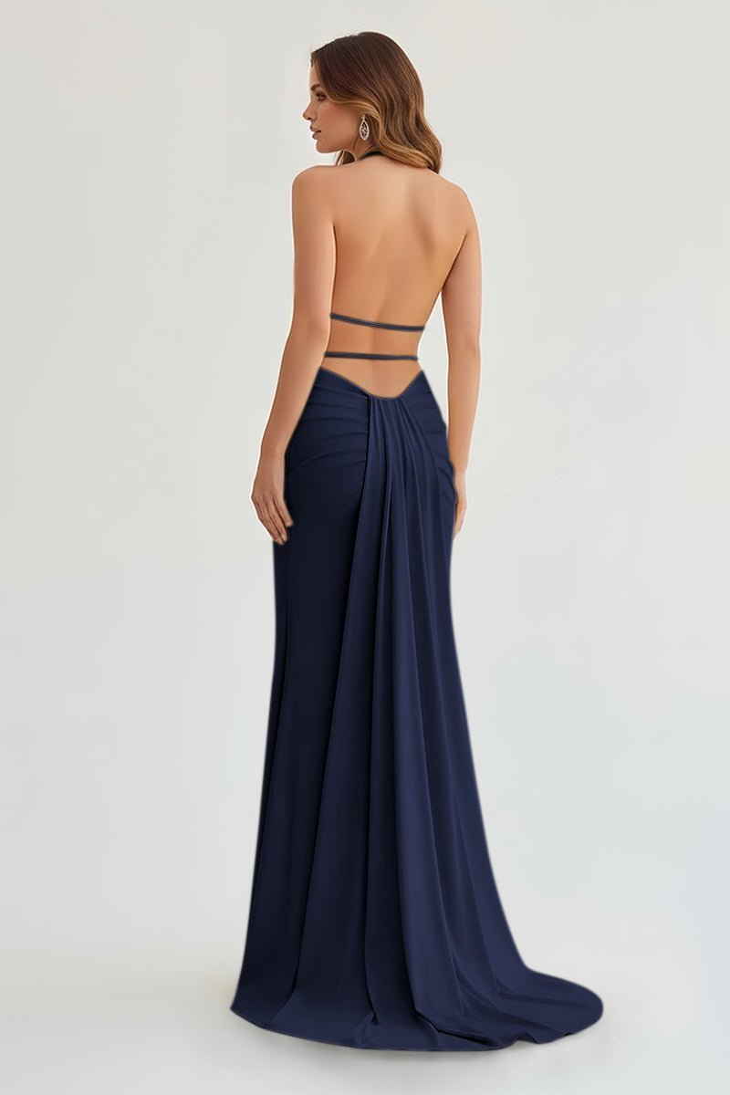 Lemon Satin Mermaid Evening Dress with Halter Neckline and Slit