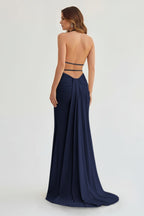 Lemon Satin Mermaid Evening Dress with Halter Neckline and Slit