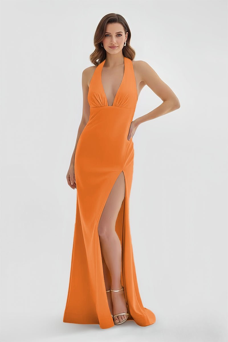 Lemon Satin Mermaid Evening Dress with Halter Neckline and Slit