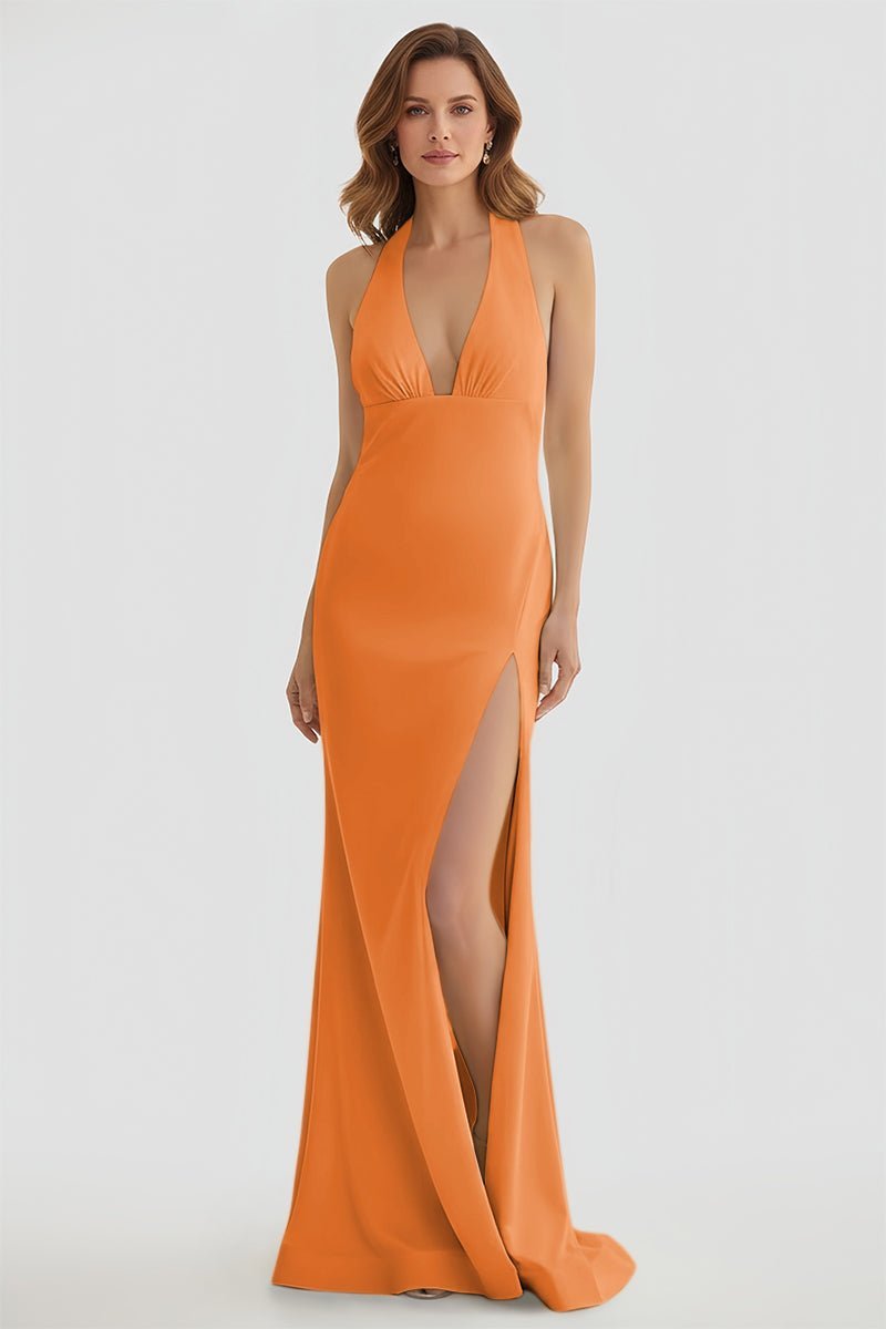 Lemon Satin Mermaid Evening Dress with Halter Neckline and Slit