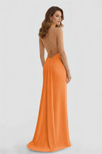 Lemon Satin Mermaid Evening Dress with Halter Neckline and Slit