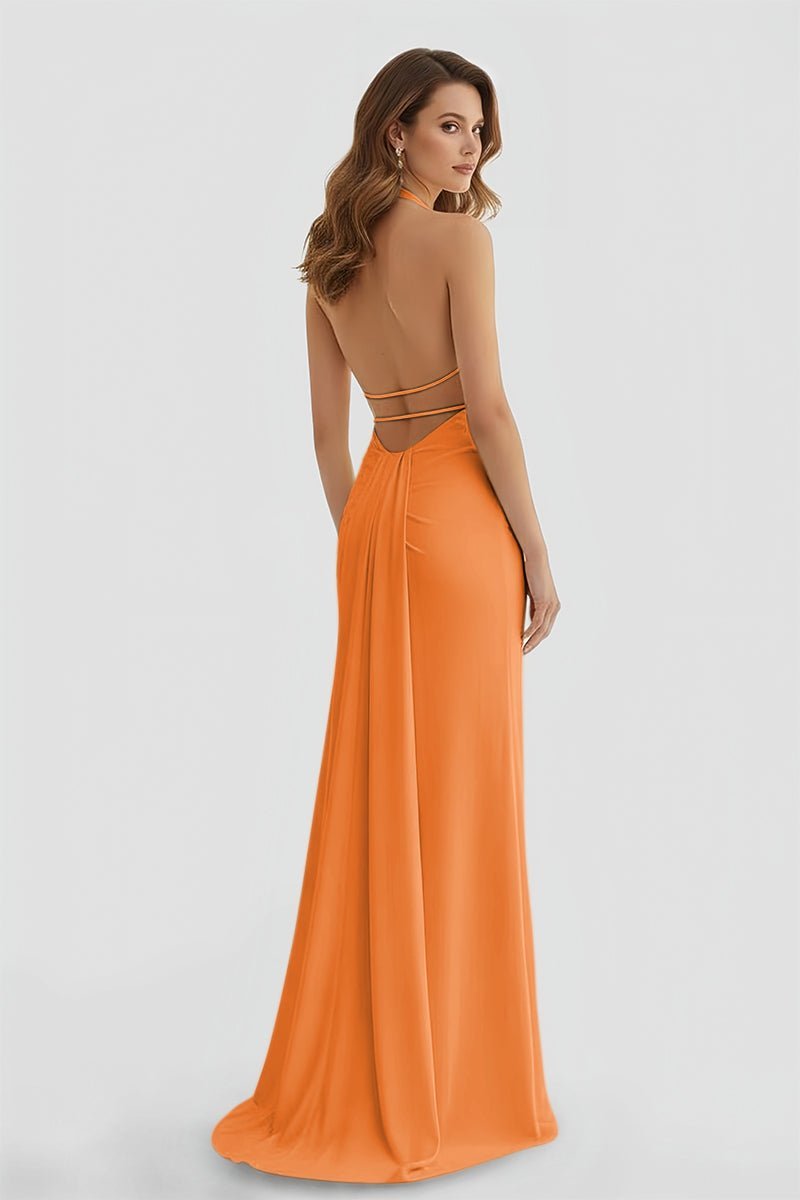 Lemon Satin Mermaid Evening Dress with Halter Neckline and Slit