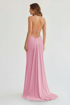 Lemon Satin Mermaid Evening Dress with Halter Neckline and Slit