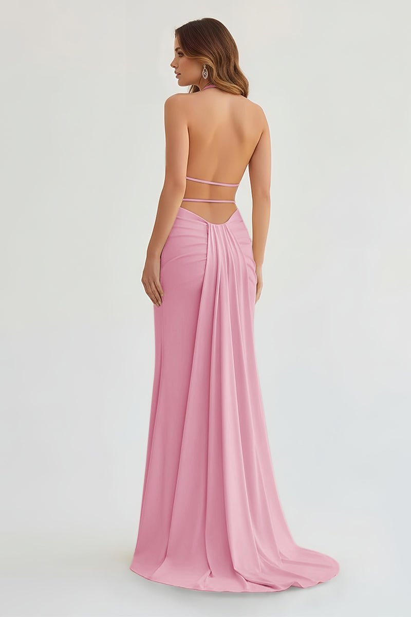 Lemon Satin Mermaid Evening Dress with Halter Neckline and Slit