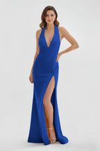 Lemon Satin Mermaid Evening Dress with Halter Neckline and Slit