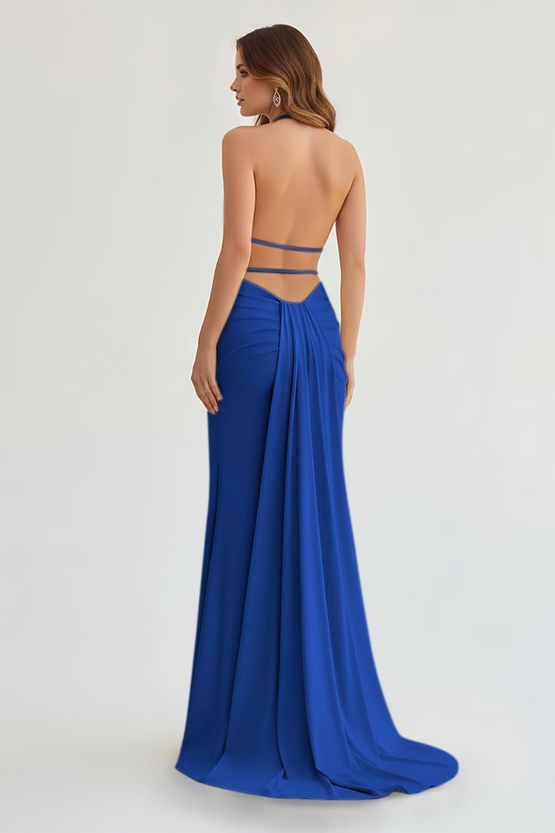 Lemon Satin Mermaid Evening Dress with Halter Neckline and Slit