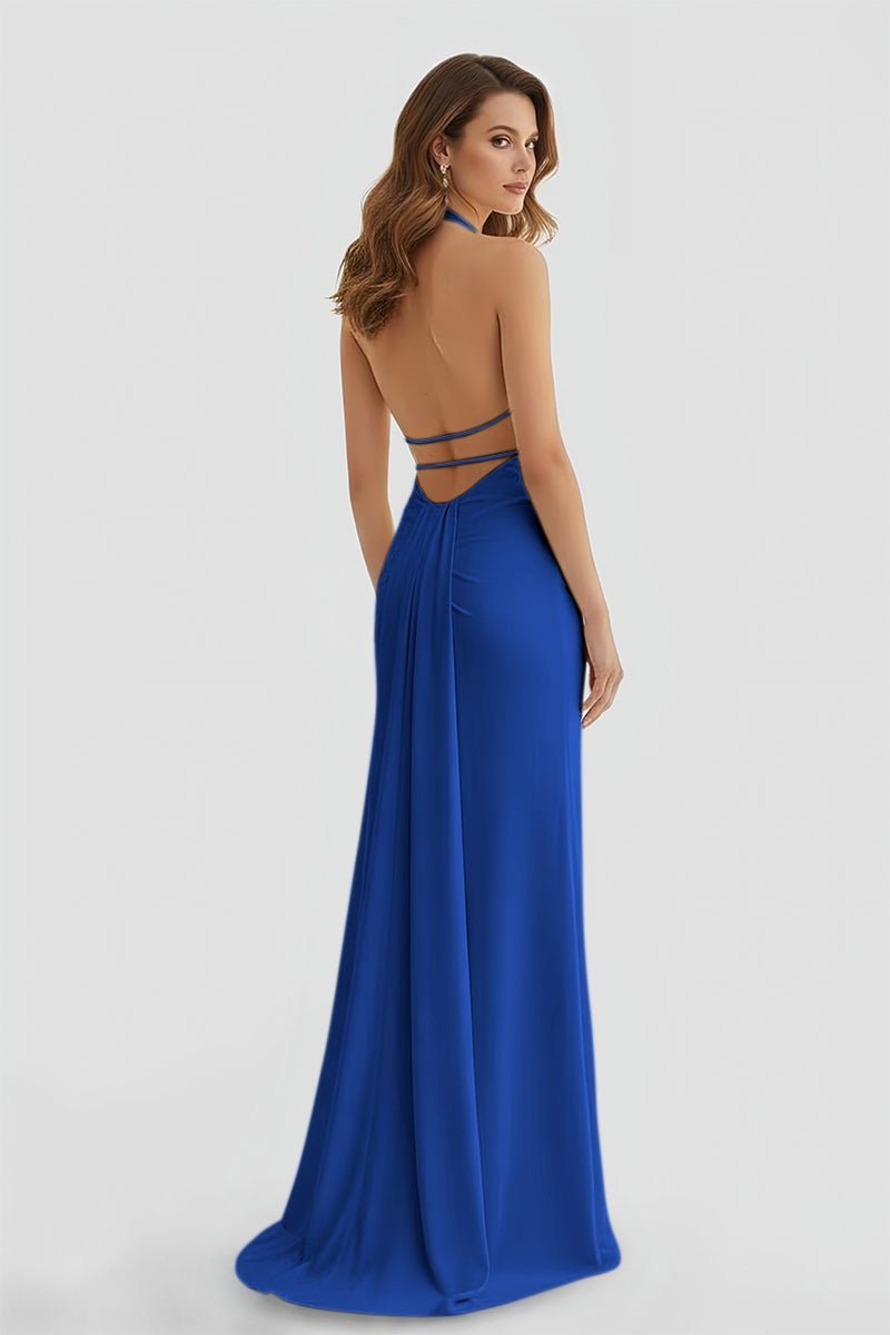 Lemon Satin Mermaid Evening Dress with Halter Neckline and Slit