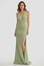 Lemon Satin Mermaid Evening Dress with Halter Neckline and Slit