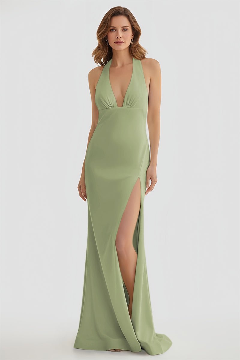 Lemon Satin Mermaid Evening Dress with Halter Neckline and Slit