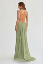 Lemon Satin Mermaid Evening Dress with Halter Neckline and Slit