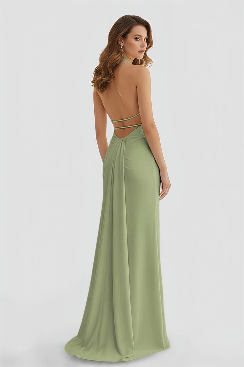 Lemon Satin Mermaid Evening Dress with Halter Neckline and Slit