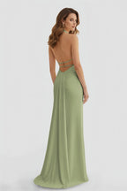 Lemon Satin Mermaid Evening Dress with Halter Neckline and Slit