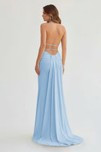 Lemon Satin Mermaid Evening Dress with Halter Neckline and Slit