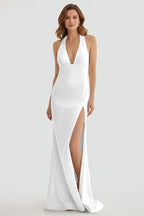 Lemon Satin Mermaid Evening Dress with Halter Neckline and Slit