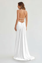 Lemon Satin Mermaid Evening Dress with Halter Neckline and Slit