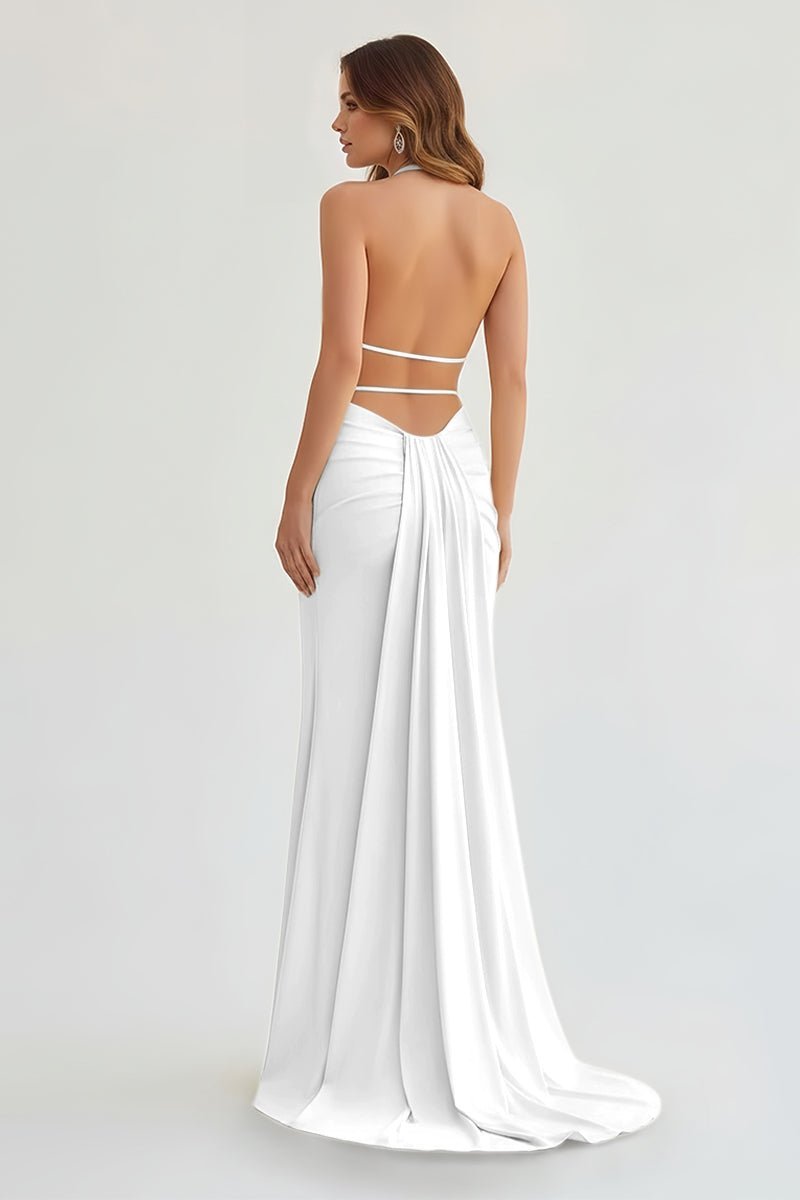 Lemon Satin Mermaid Evening Dress with Halter Neckline and Slit