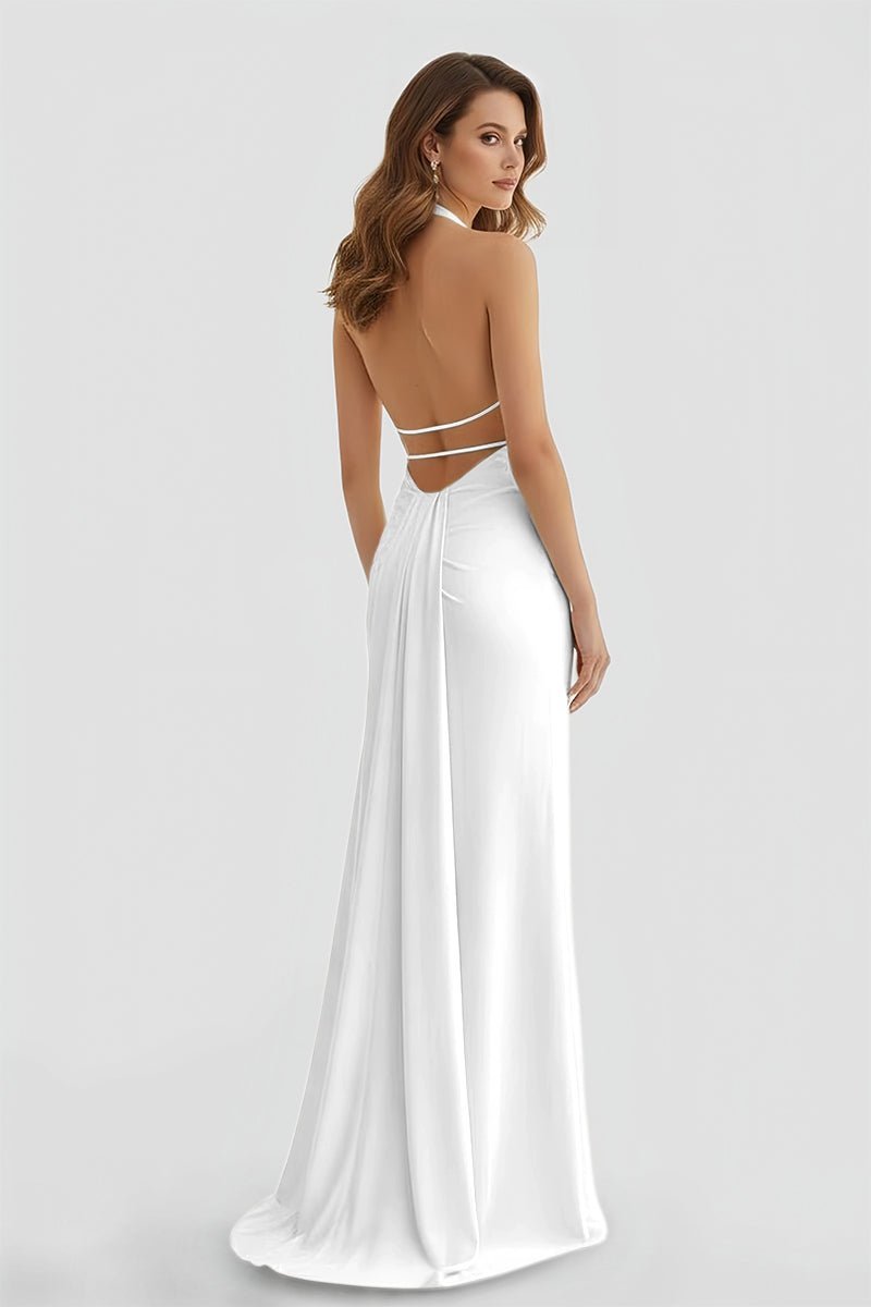 Lemon Satin Mermaid Evening Dress with Halter Neckline and Slit