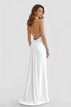 Lemon Satin Mermaid Evening Dress with Halter Neckline and Slit