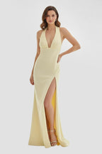 Lemon Satin Mermaid Evening Dress with Halter Neckline and Slit
