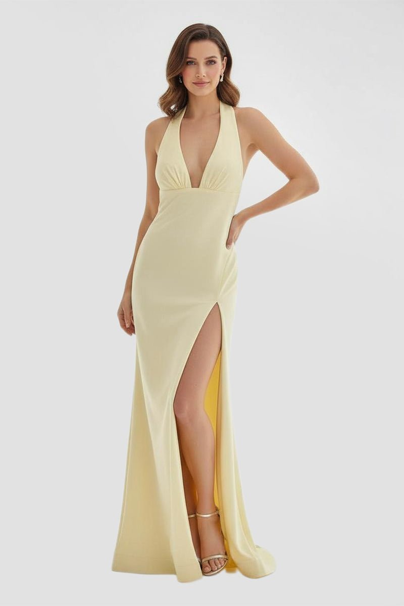 Lemon Satin Mermaid Evening Dress with Halter Neckline and Slit