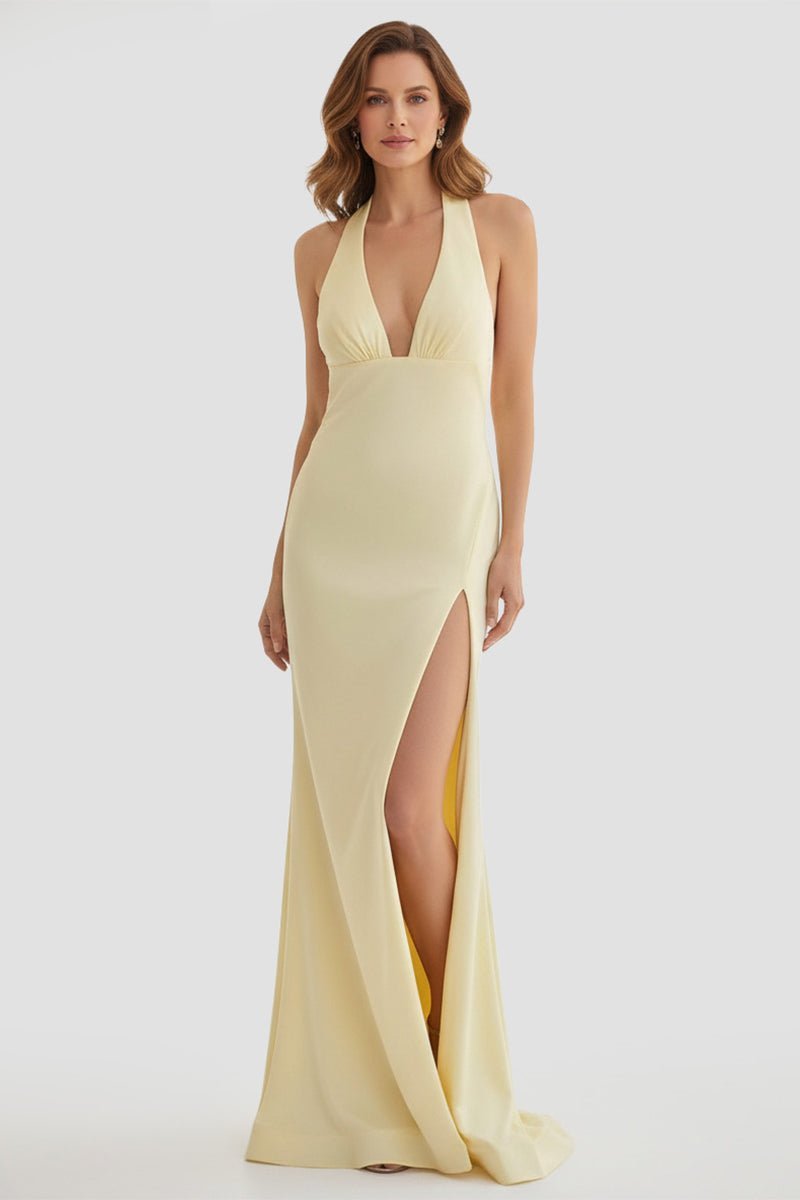 Lemon Satin Mermaid Evening Dress with Halter Neckline and Slit