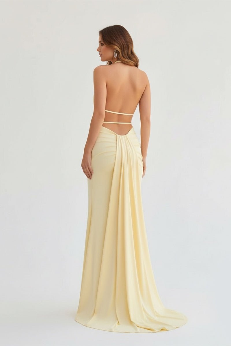 Lemon Satin Mermaid Evening Dress with Halter Neckline and Slit