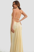Lemon Satin Mermaid Evening Dress with Halter Neckline and Slit