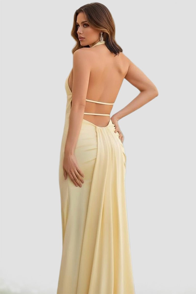 Lemon Satin Mermaid Evening Dress with Halter Neckline and Slit