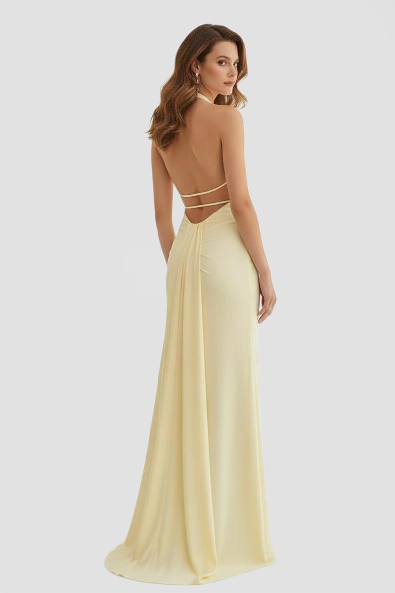 Lemon Satin Mermaid Evening Dress with Halter Neckline and Slit