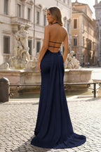 Lemon Satin Mermaid Evening Dress with Halter Neckline and Slit