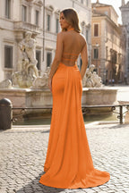 Lemon Satin Mermaid Evening Dress with Halter Neckline and Slit