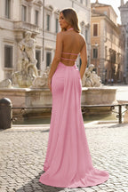 Lemon Satin Mermaid Evening Dress with Halter Neckline and Slit